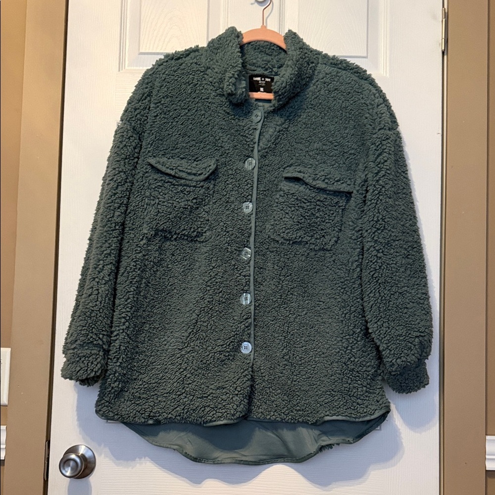 Cozy Sherpa Button-Up Jacket - Dark Green